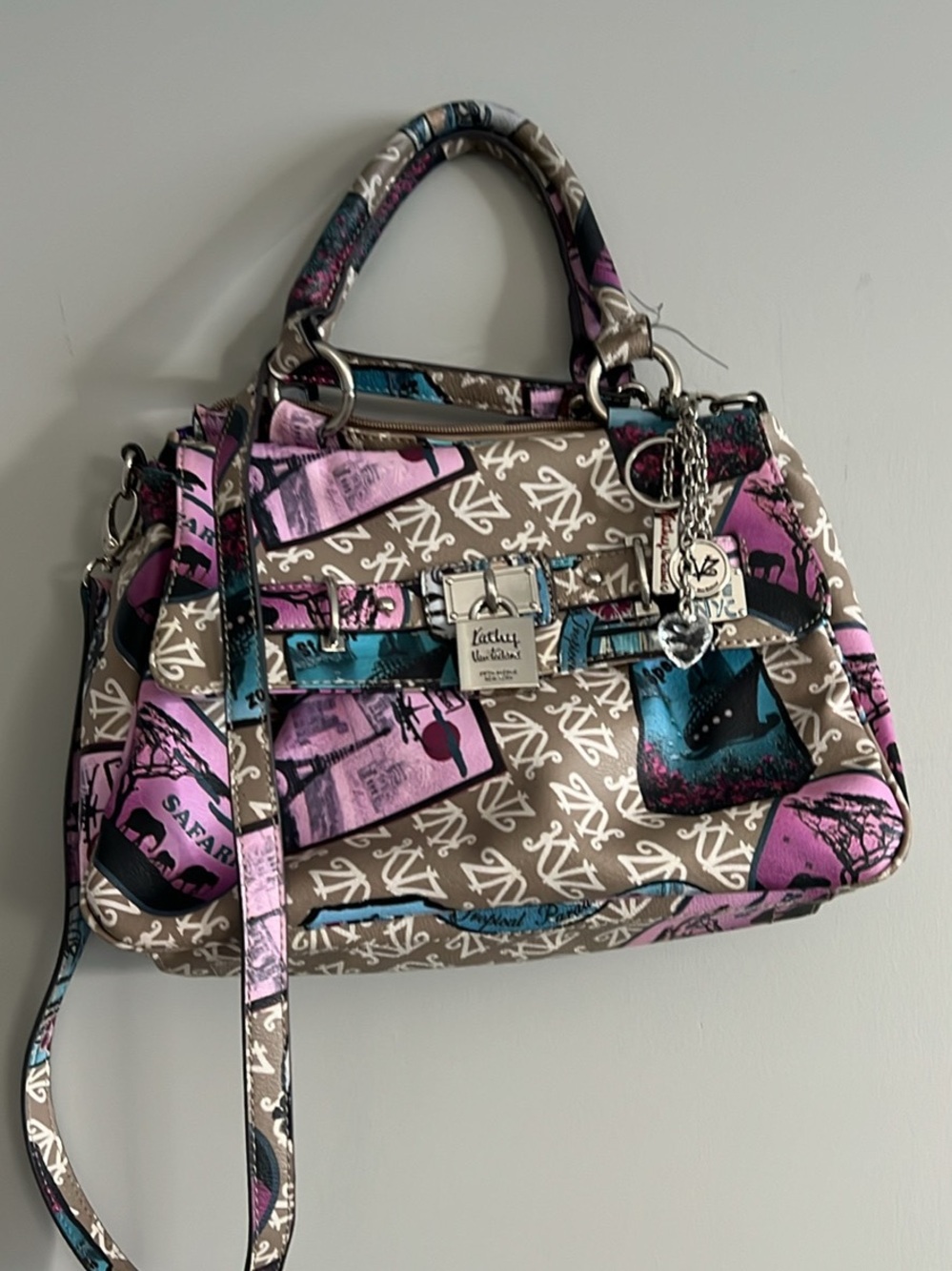 Kathy Van Zeeland Pink, Teal & Tan Graphic Satchel